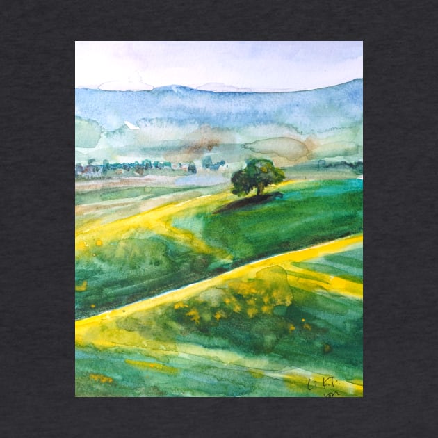 green and yellow landscape watercolor painting by colorandcolor